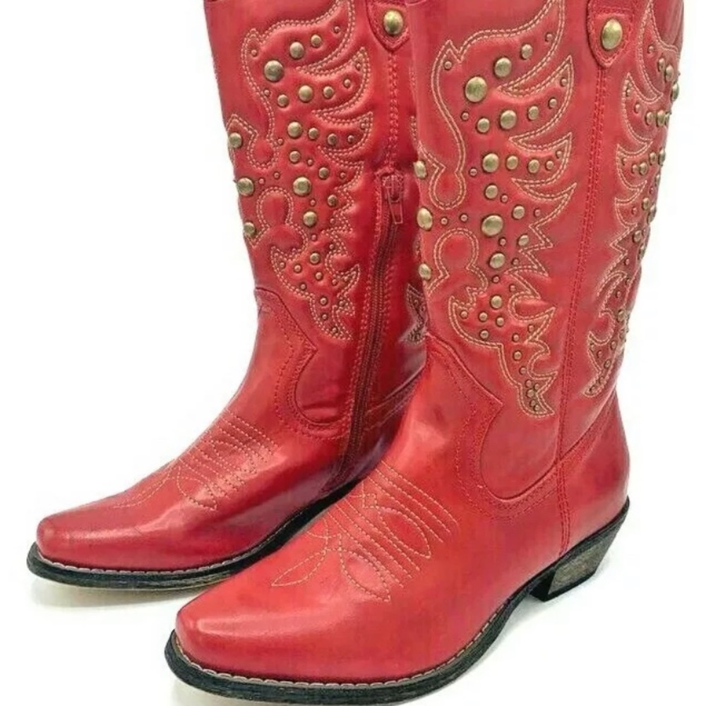 Lime Light Vtg Red Embroidery Studded Cowboy Boots Rare